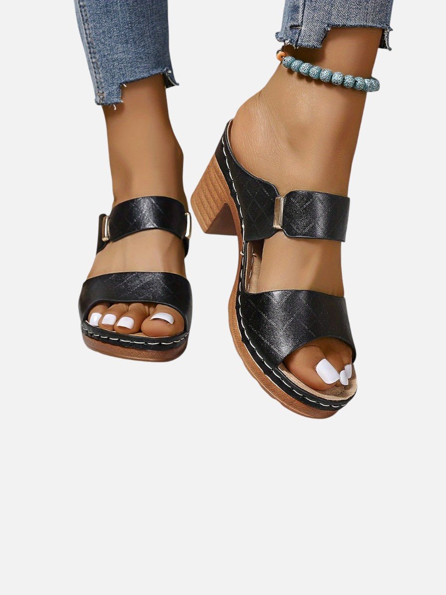 Women's Quilted Faux Leather Block Heel Open Toe Mule Sandals