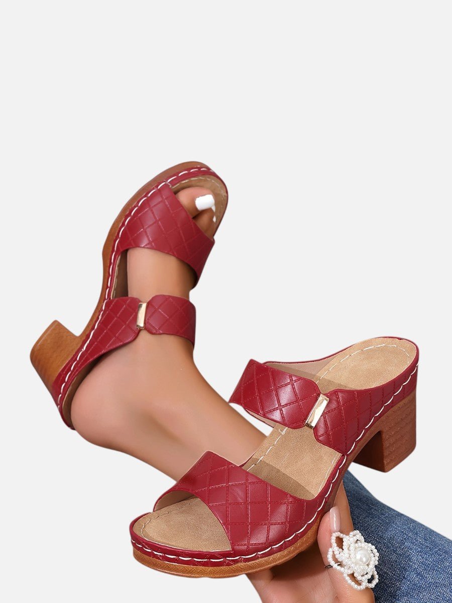Women's Quilted Faux Leather Block Heel Open Toe Mule Sandals - Wine Red