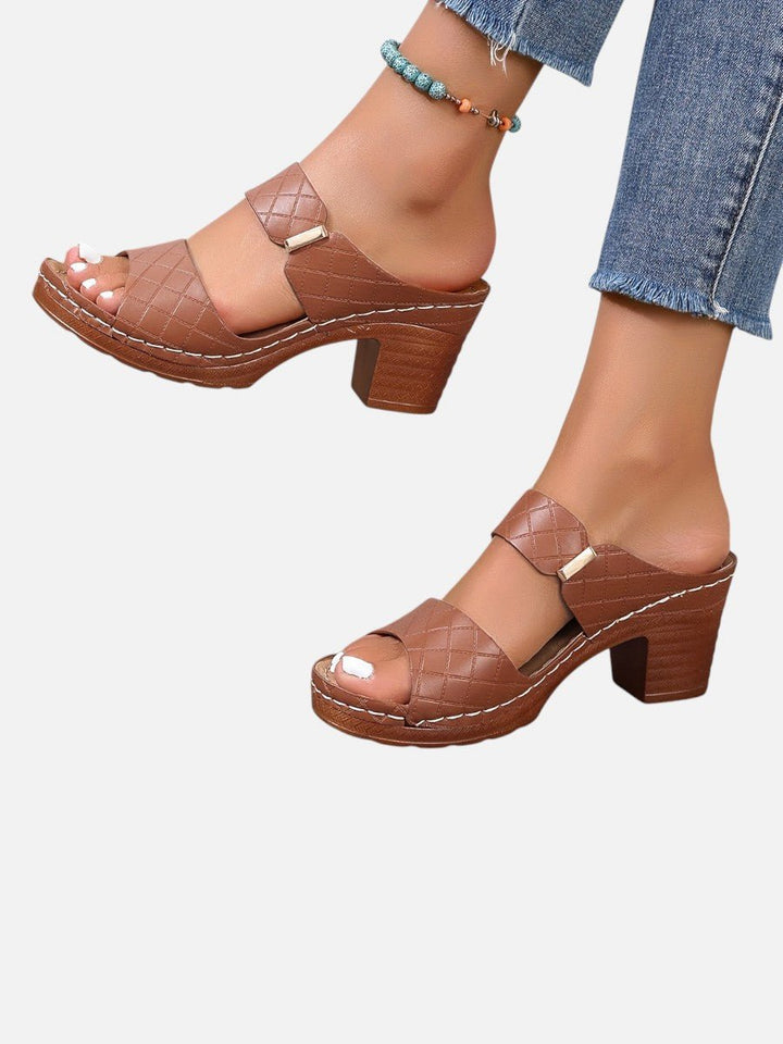 Women's Quilted Faux Leather Block Heel Open Toe Mule Sandals - Brown