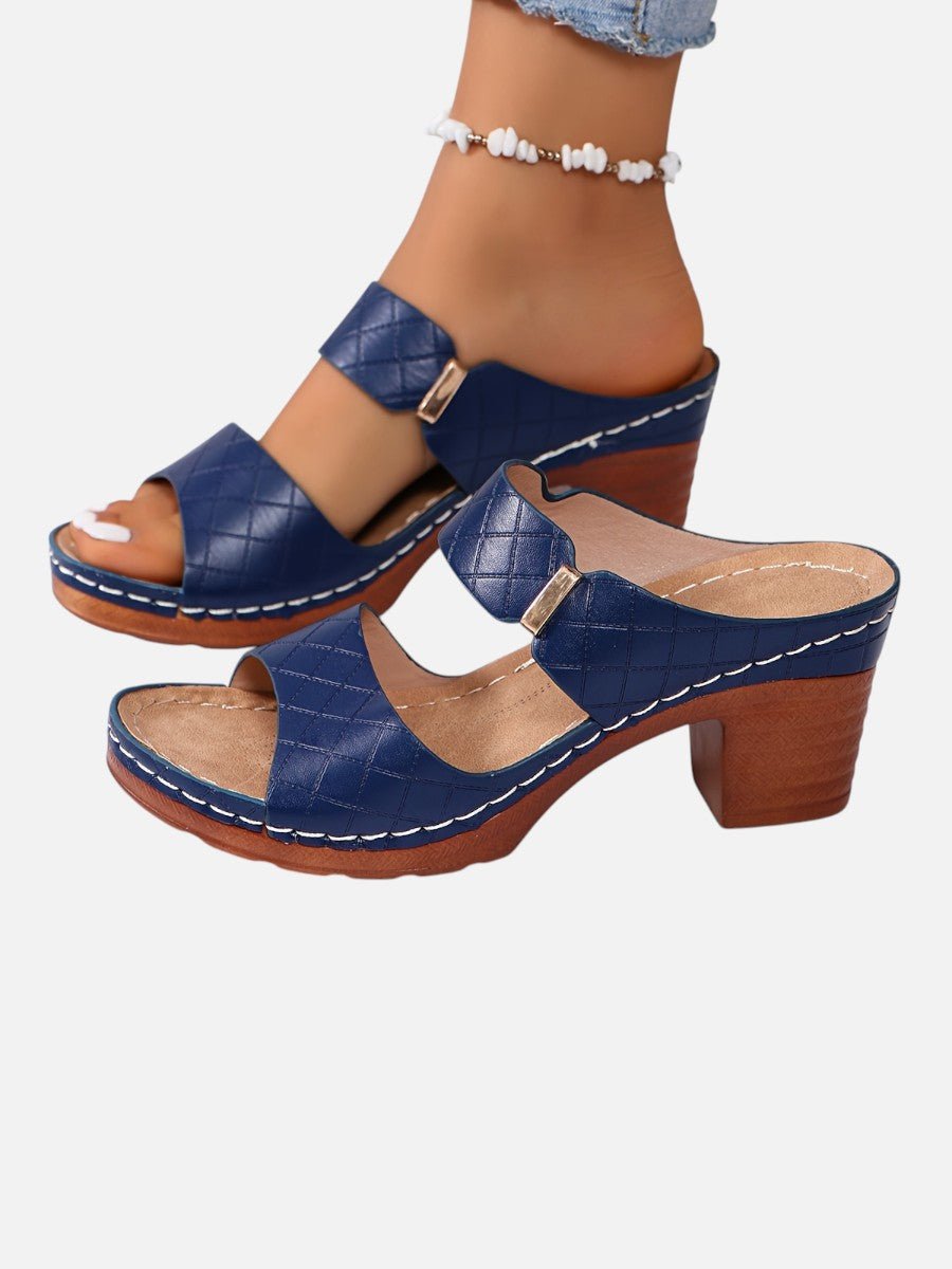 Women's Quilted Faux Leather Block Heel Open Toe Mule Sandals - Blue