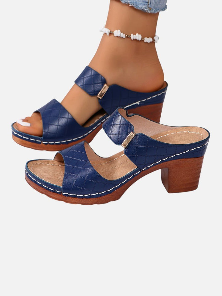 Women's Quilted Faux Leather Block Heel Open Toe Mule Sandals - Blue