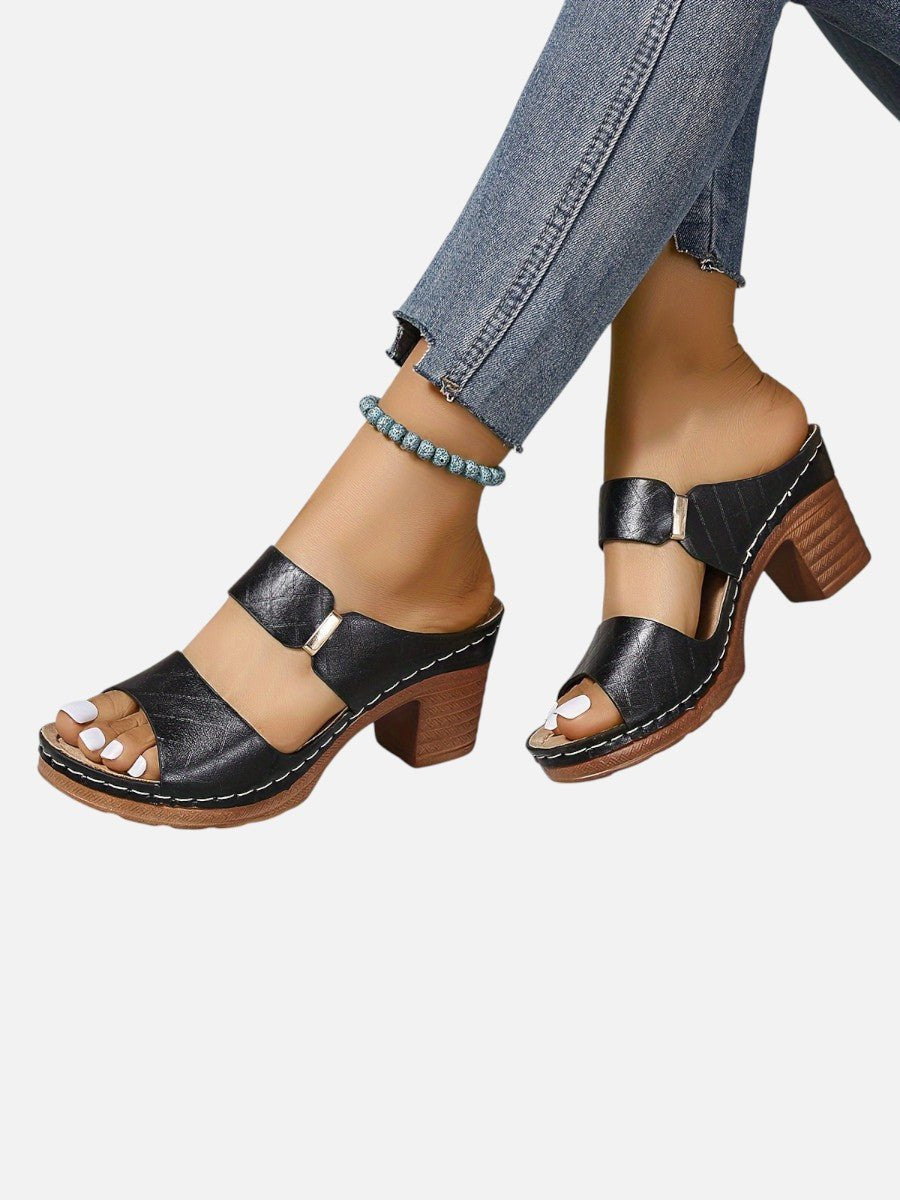 Women's Quilted Faux Leather Block Heel Open Toe Mule Sandals - Black