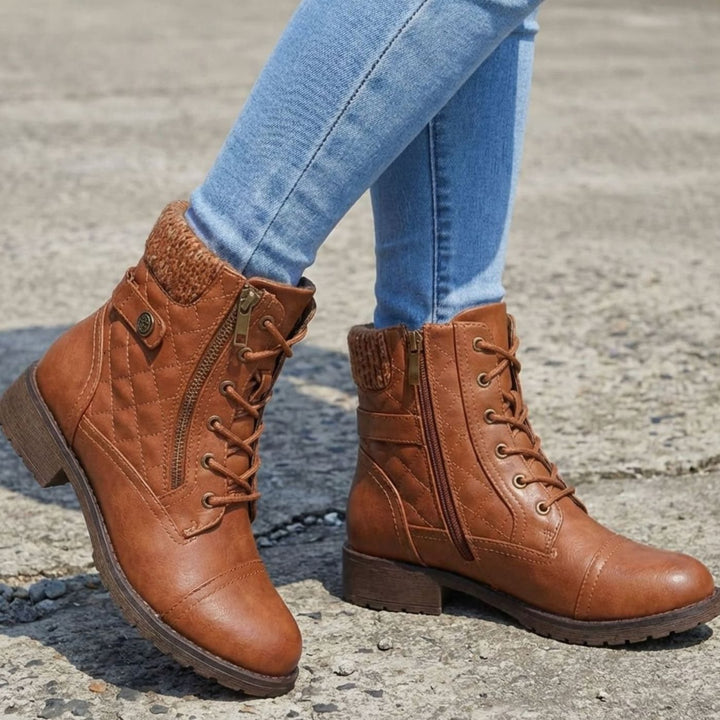 Women's Quilted Lace-Up Side-Zip Ankle Boots - Brown