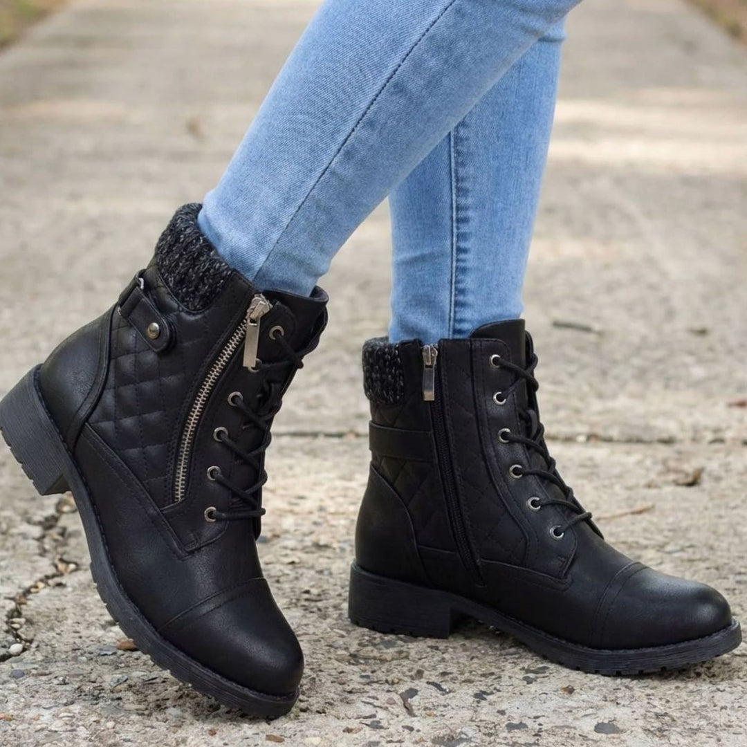 Women's Quilted Lace-Up Side-Zip Ankle Boots - Black