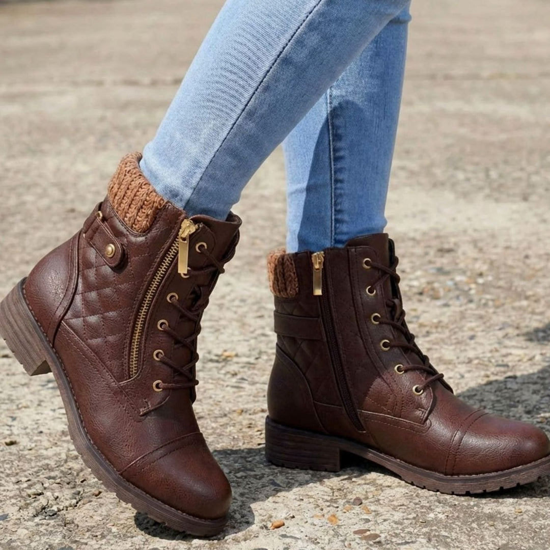 Women's Quilted Lace-Up Side-Zip Ankle Boots - Dark Brown