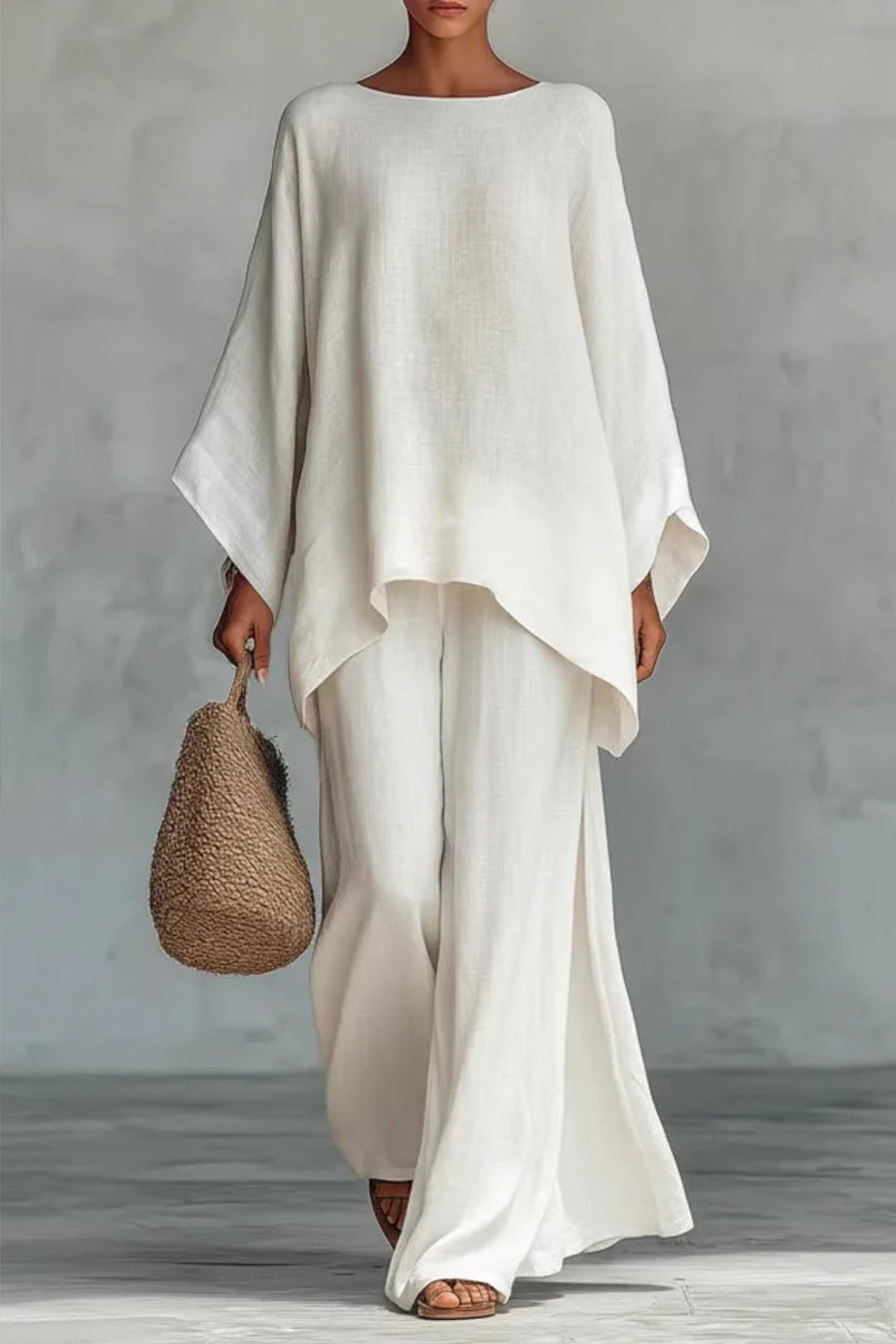 Women's Relaxed Batwing-Sleeve Linen Wide-Leg Trouser Co-ord Set - White