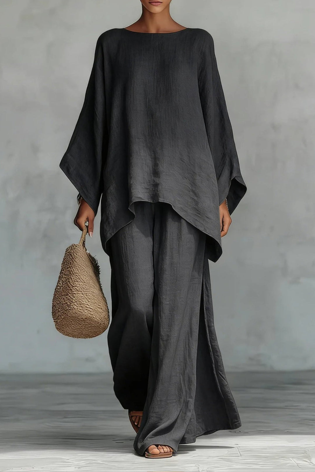 Women's Relaxed Batwing-Sleeve Linen Wide-Leg Trouser Co-ord Set - Dark Grey