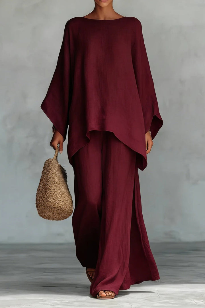 Women's Relaxed Batwing-Sleeve Linen Wide-Leg Trouser Co-ord Set - Burgundy