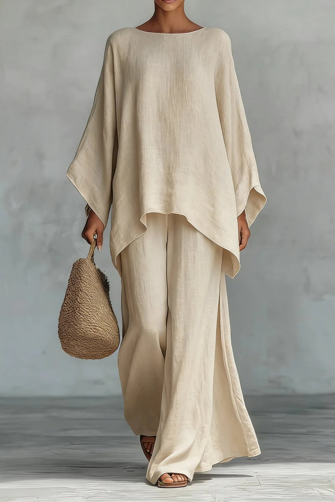 Women's Relaxed Batwing-Sleeve Linen Wide-Leg Trouser Co-ord Set - Khaki