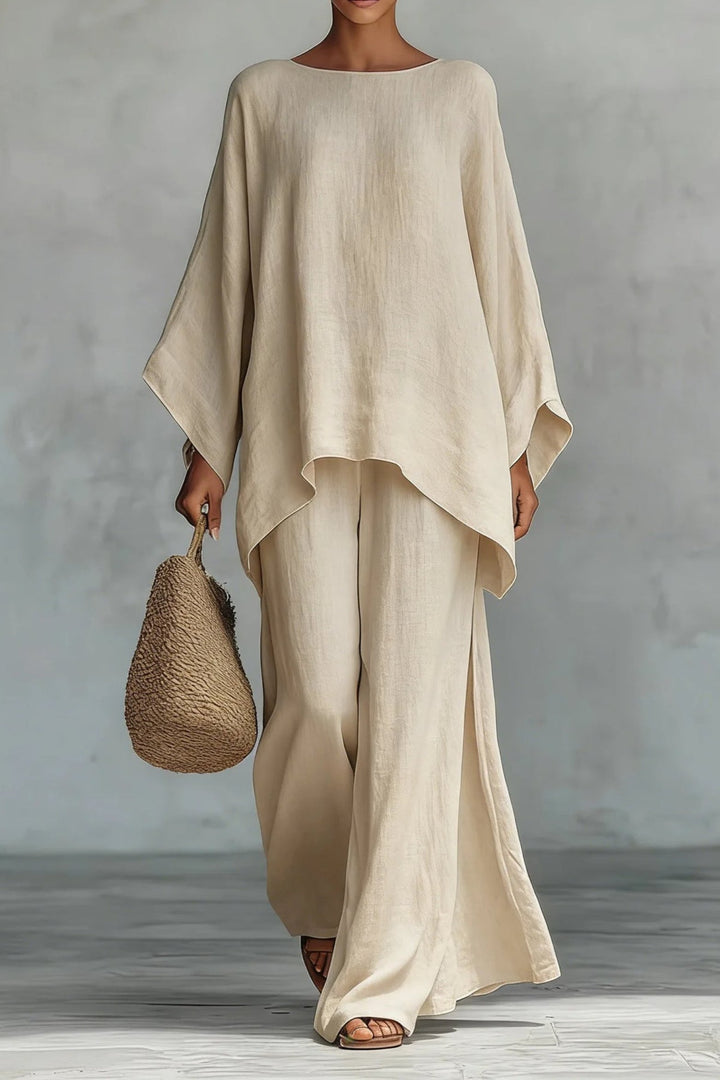 Women's Relaxed Batwing-Sleeve Linen Wide-Leg Trouser Co-ord Set - Khaki
