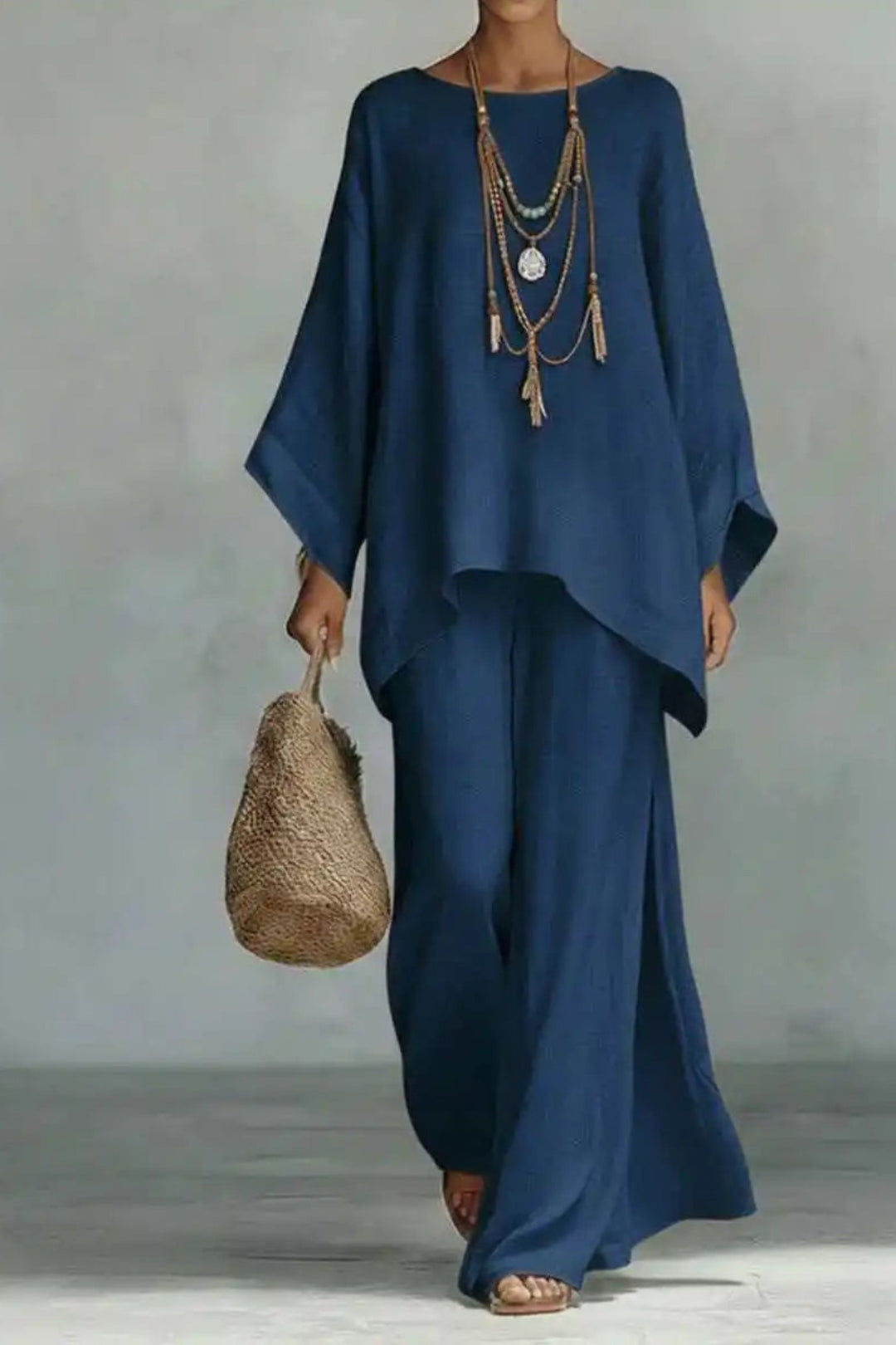Women's Relaxed Batwing-Sleeve Linen Wide-Leg Trouser Co-ord Set - Navy