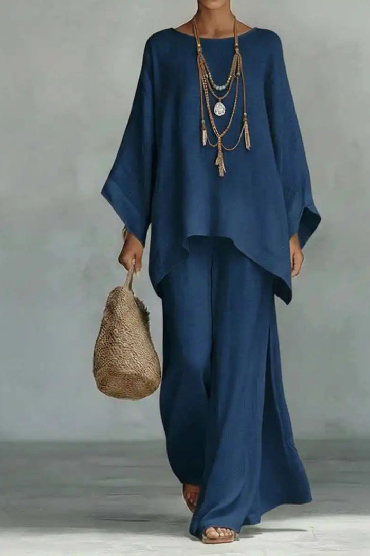 Women's Relaxed Batwing-Sleeve Linen Wide-Leg Trouser Co-ord Set - Navy