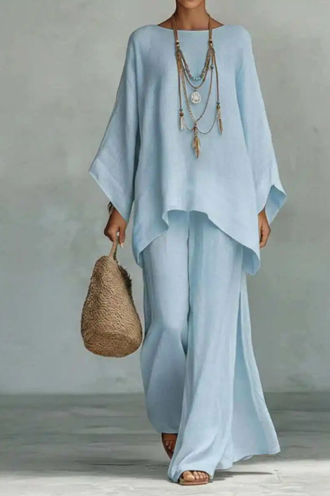 Women's Relaxed Batwing-Sleeve Linen Wide-Leg Trouser Co-ord Set - Light Blue
