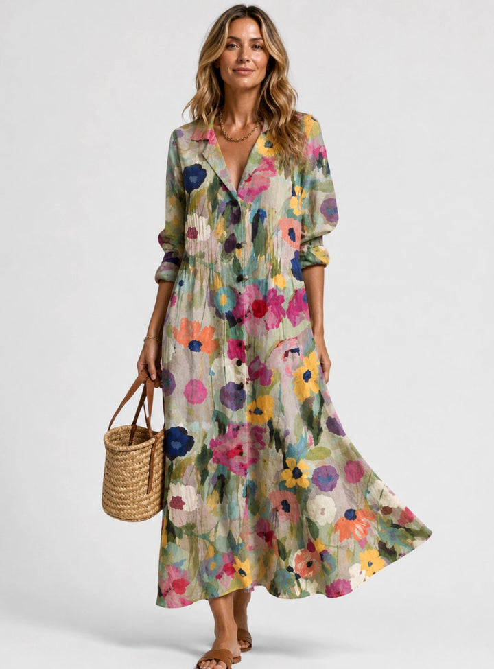 Women's Relaxed-Fit Button-Front Printed Maxi Autumn Dress - Floral