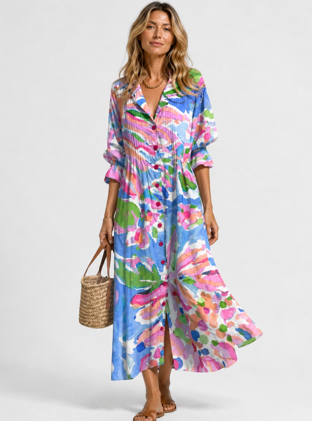 Women's Relaxed-Fit Button-Front Printed Maxi Autumn Dress - Blue