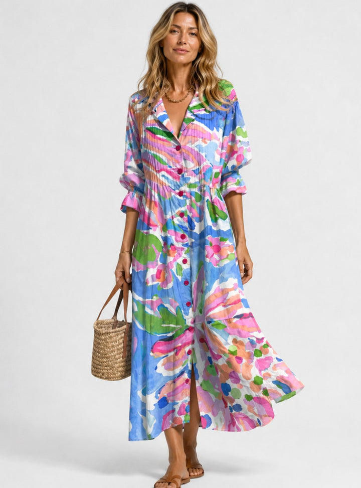 Women's Relaxed-Fit Button-Front Printed Maxi Autumn Dress - Blue