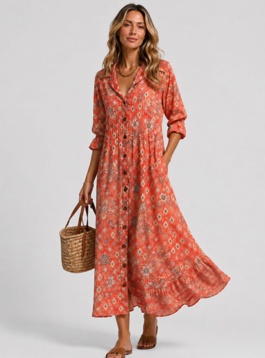 Women's Relaxed-Fit Button-Front Printed Maxi Autumn Dress - Orange