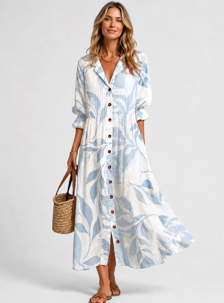 Women's Relaxed-Fit Button-Front Printed Maxi Autumn Dress - Light Blue