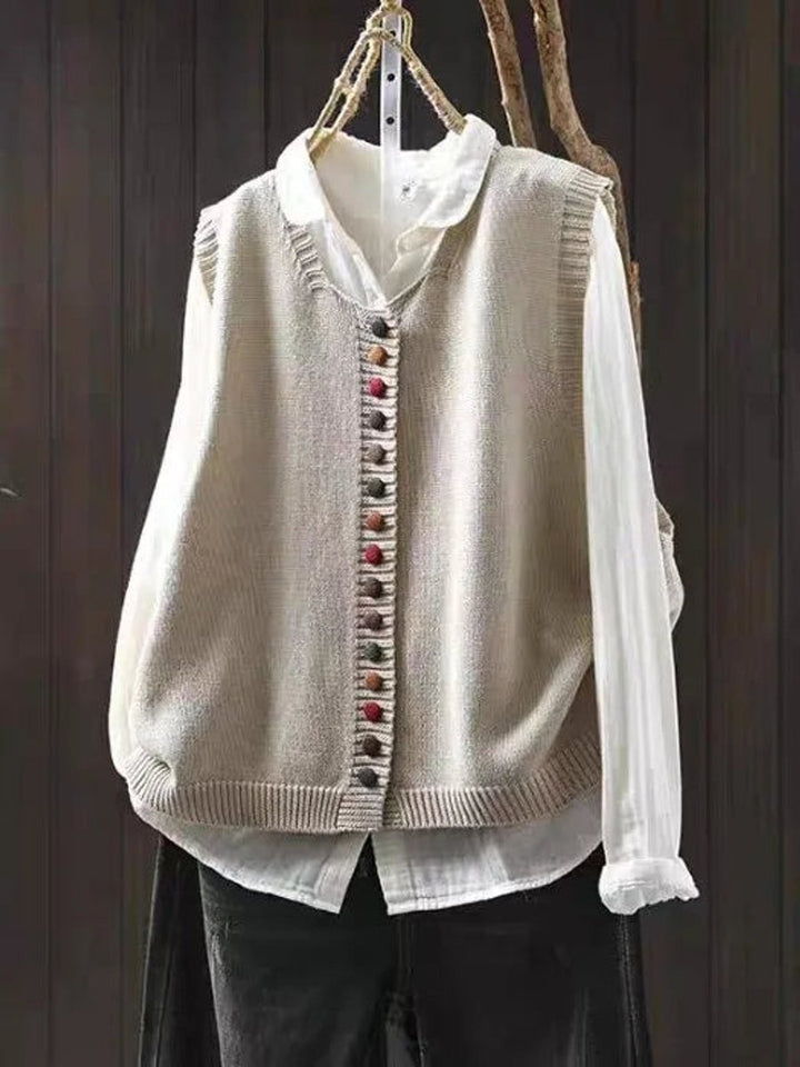 Women's Relaxed-Fit Button-Up Knit Sleeveless Vest - Off-white