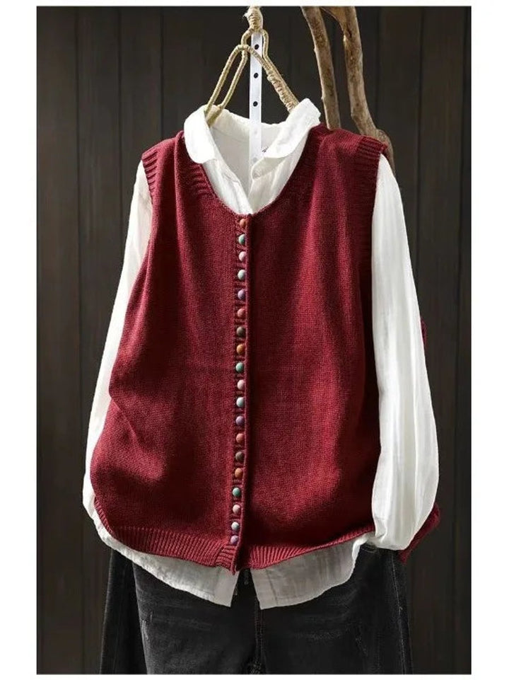 Women's Relaxed-Fit Button-Up Knit Sleeveless Vest - Red