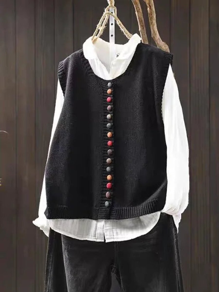 Women's Relaxed-Fit Button-Up Knit Sleeveless Vest - Black