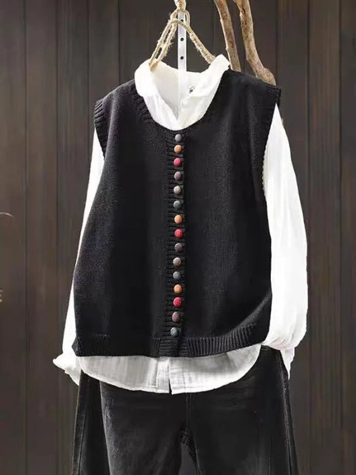 Women's Relaxed-Fit Button-Up Knit Sleeveless Vest - Black