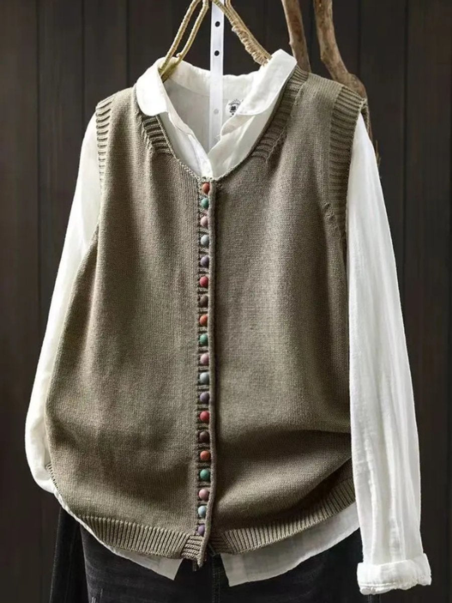 Women's Relaxed-Fit Button-Up Knit Sleeveless Vest - Cucumber Green