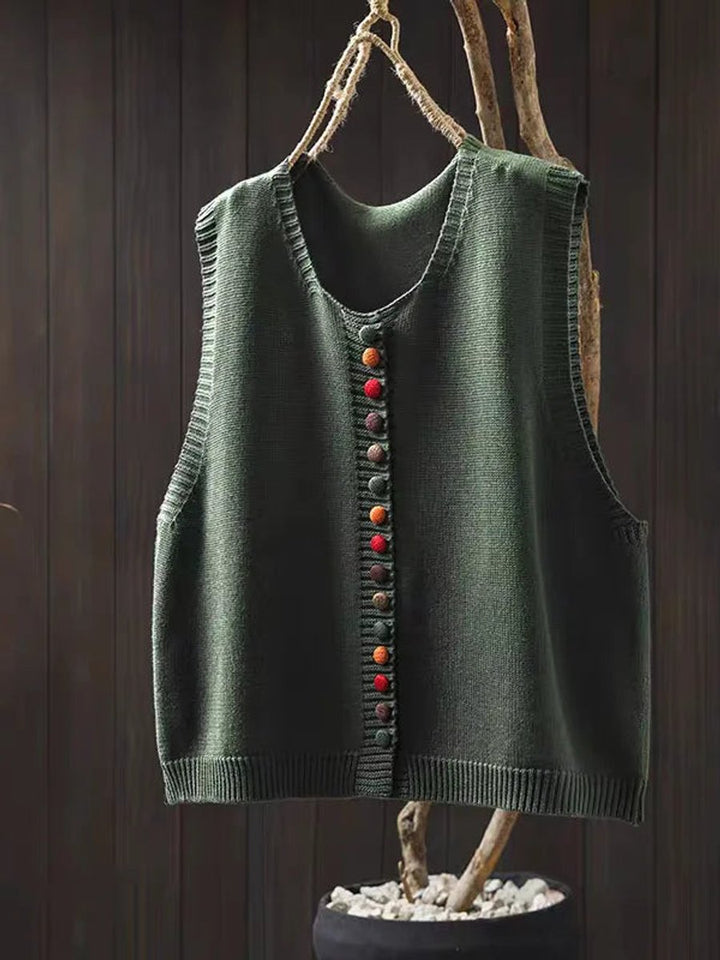 Women's Relaxed-Fit Button-Up Knit Sleeveless Vest - Green