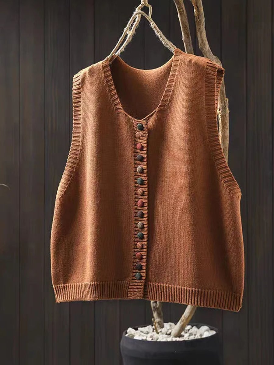 Women's Relaxed-Fit Button-Up Knit Sleeveless Vest - Orange