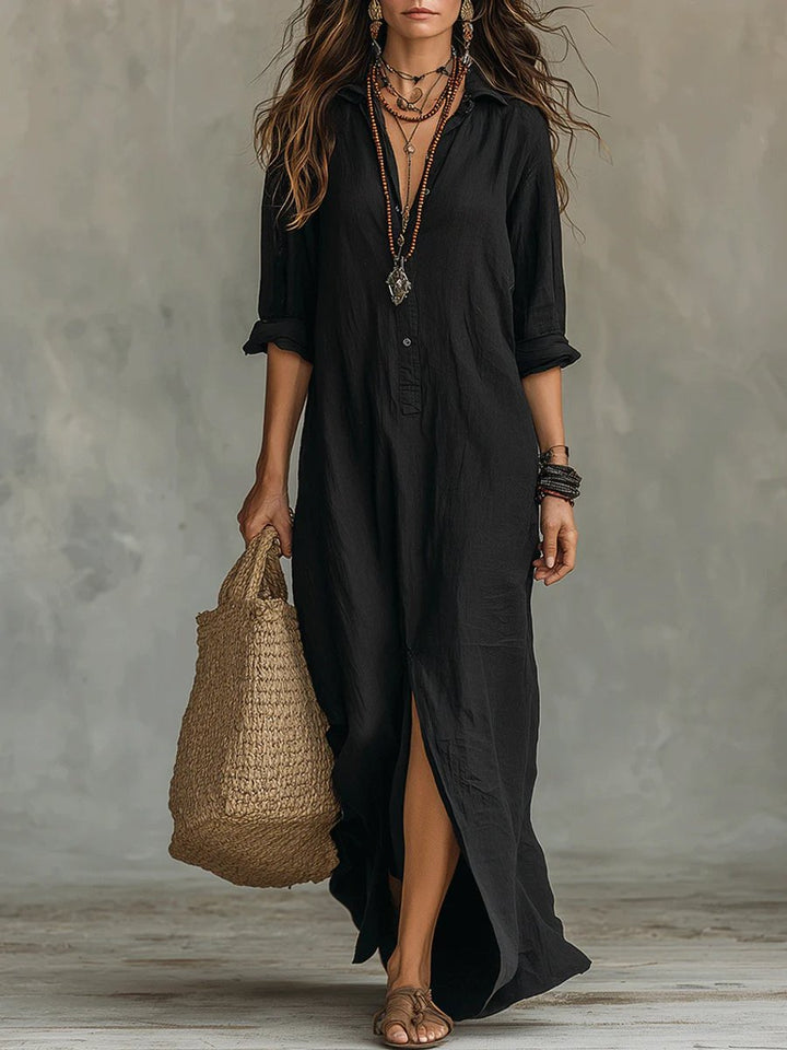 Women's Relaxed-Fit Button-Up Long Sleeve Maxi Shirt Dress - Black