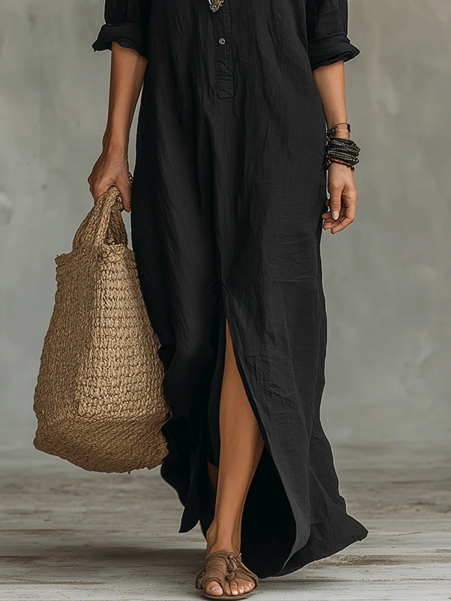 Women's Relaxed-Fit Button-Up Long Sleeve Maxi Shirt Dress