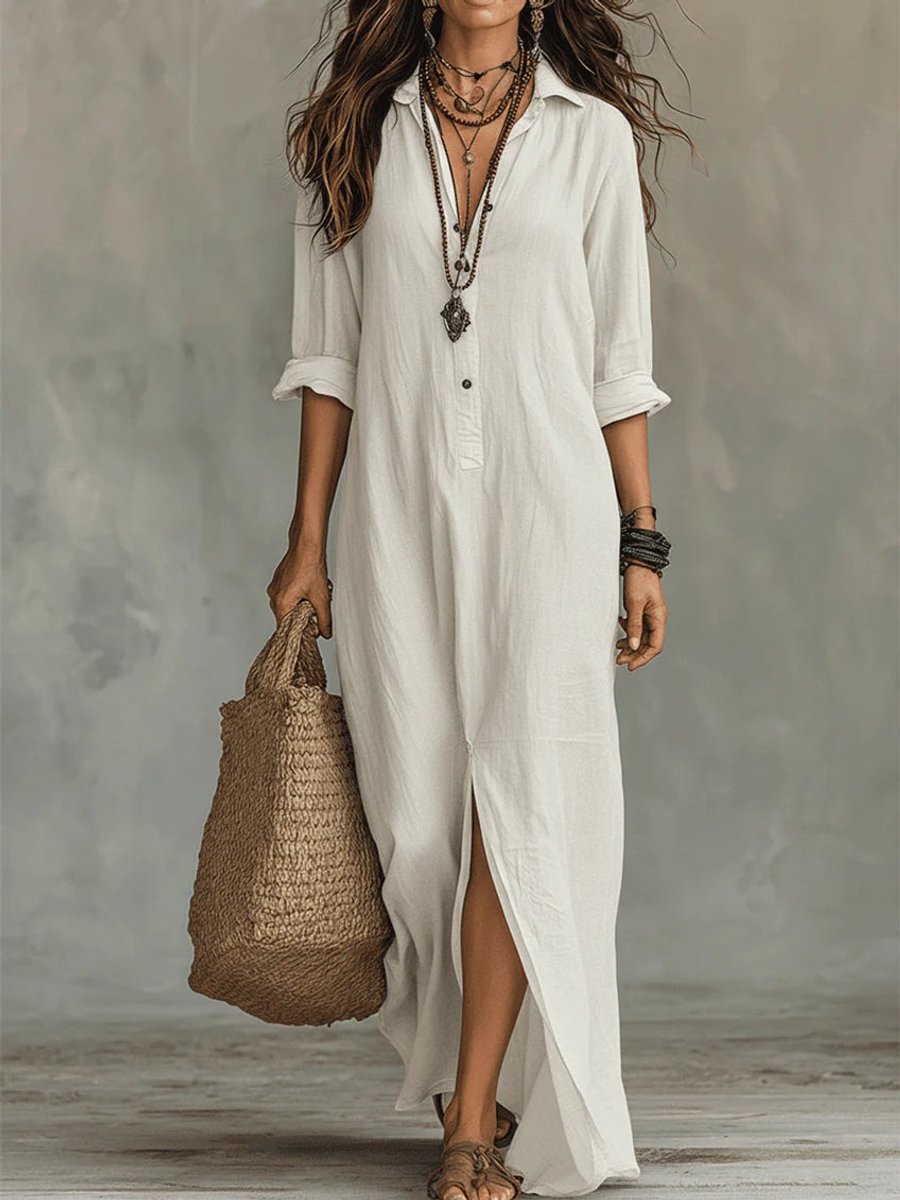 Women's Relaxed-Fit Button-Up Long Sleeve Maxi Shirt Dress - White
