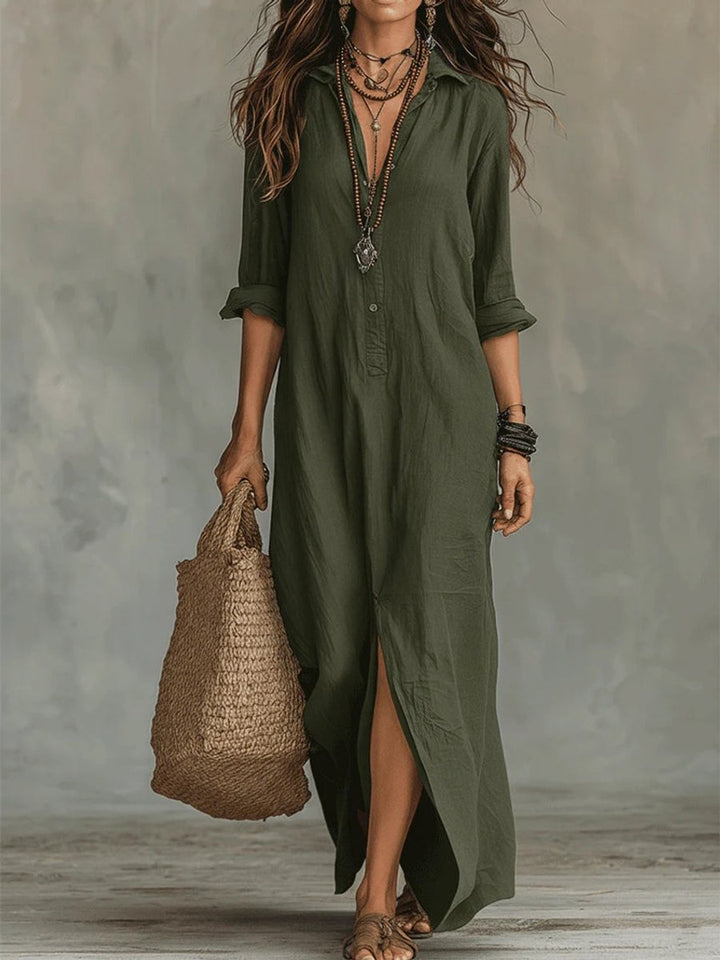 Women's Relaxed-Fit Button-Up Long Sleeve Maxi Shirt Dress - Green