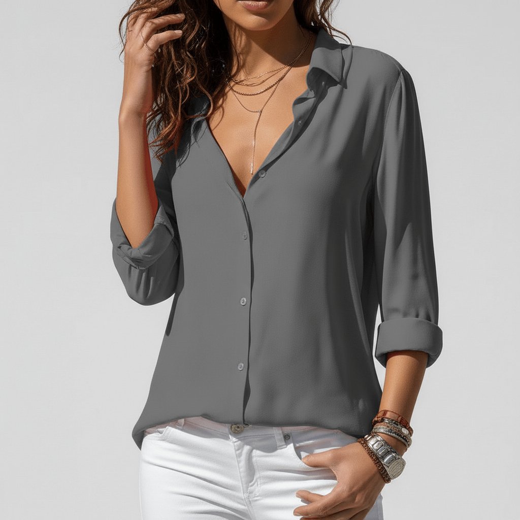 Women's Relaxed-Fit Button-Up Long-Sleeve Shirt-Collar Blouse - Classic Grey