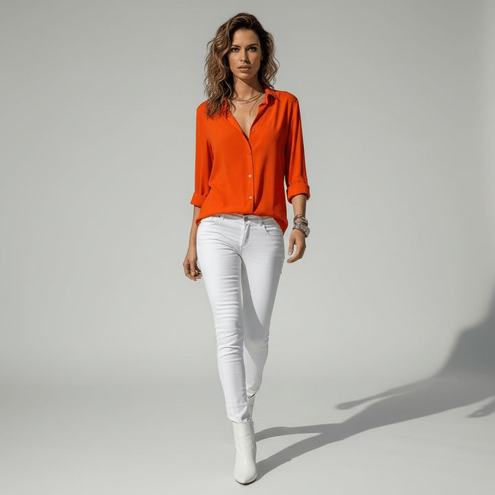Women's Relaxed-Fit Button-Up Long-Sleeve Shirt-Collar Blouse
