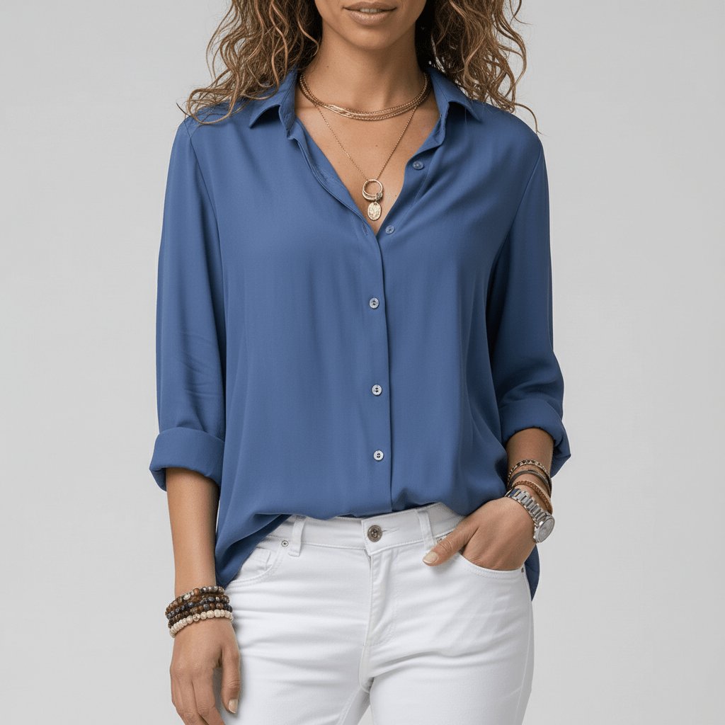 Women's Relaxed-Fit Button-Up Long-Sleeve Shirt-Collar Blouse - Ocean Blue