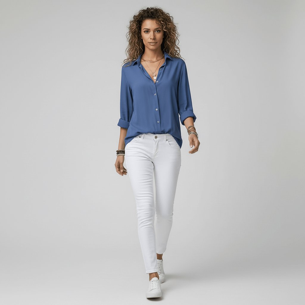 Women's Relaxed-Fit Button-Up Long-Sleeve Shirt-Collar Blouse