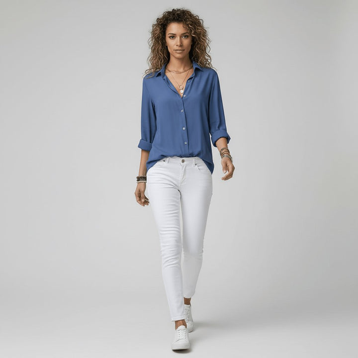 Women's Relaxed-Fit Button-Up Long-Sleeve Shirt-Collar Blouse