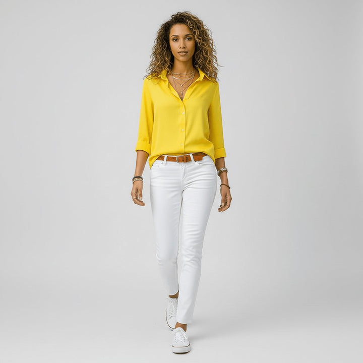 Women's Relaxed-Fit Button-Up Long-Sleeve Shirt-Collar Blouse