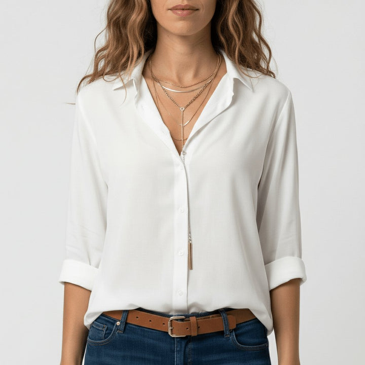 Women's Relaxed-Fit Button-Up Long-Sleeve Shirt-Collar Blouse - Pure White