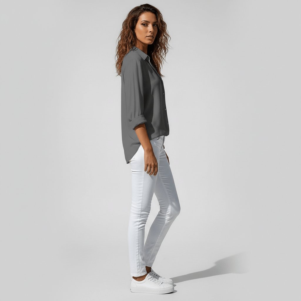 Women's Relaxed-Fit Button-Up Long-Sleeve Shirt-Collar Blouse