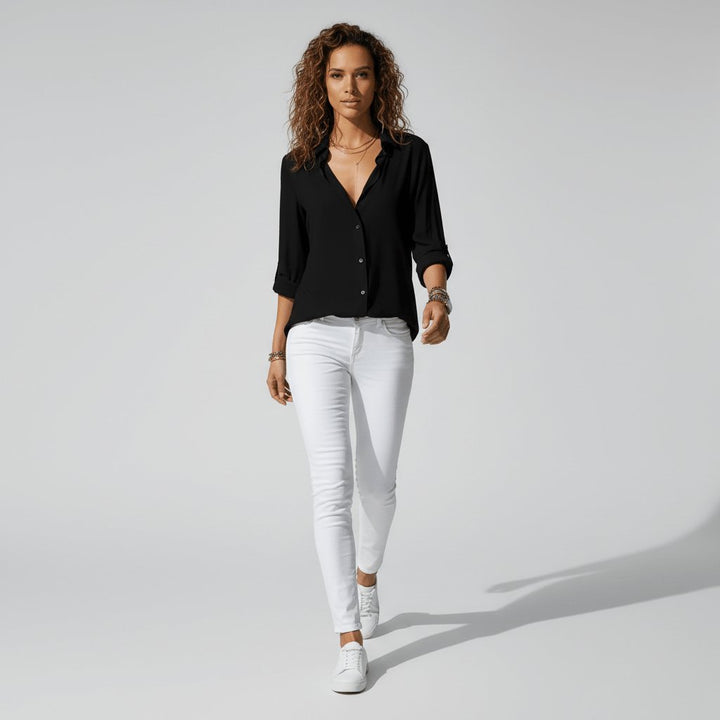 Women's Relaxed-Fit Button-Up Long-Sleeve Shirt-Collar Blouse
