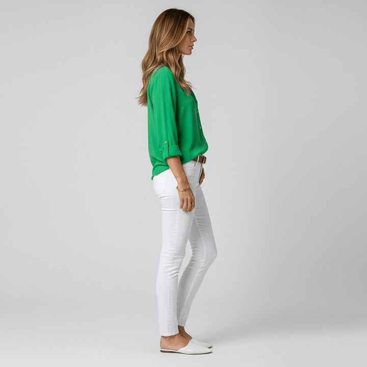 Women's Relaxed-Fit Button-Up Long-Sleeve Shirt-Collar Blouse