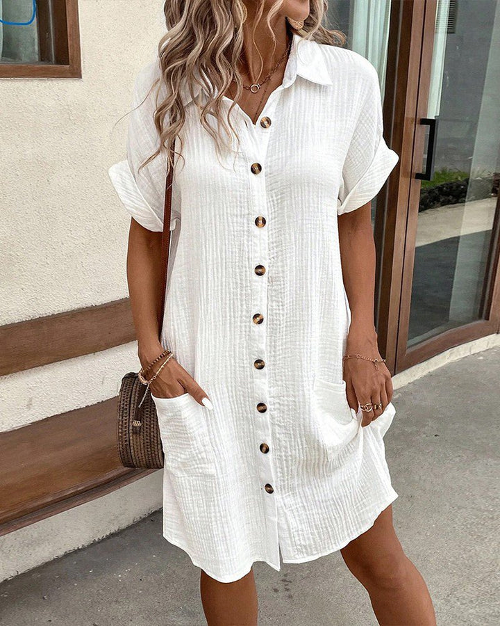Women's Relaxed-Fit Cotton Linen Button-Down Shirt Dress Pockets - White (Almost sold out)