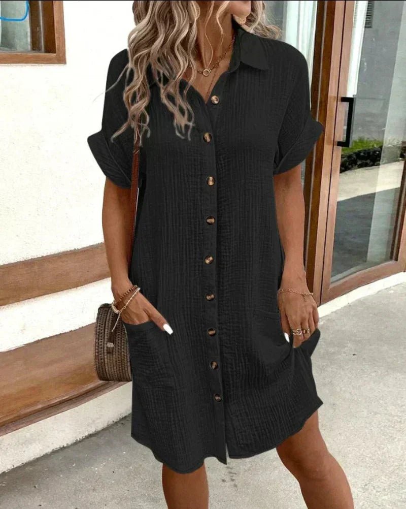 Women's Relaxed-Fit Cotton Linen Button-Down Shirt Dress Pockets - Black