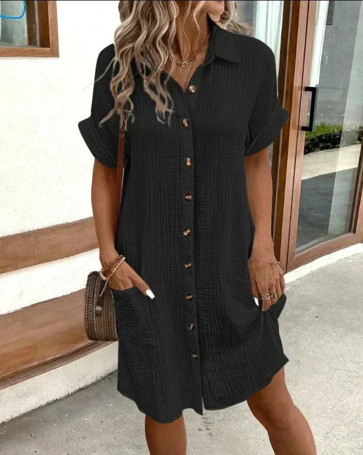 Women's Relaxed-Fit Cotton Linen Button-Down Shirt Dress Pockets - Black