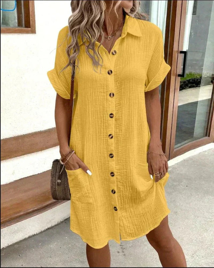Women's Relaxed-Fit Cotton Linen Button-Down Shirt Dress Pockets - Yellow (Almost sold out)