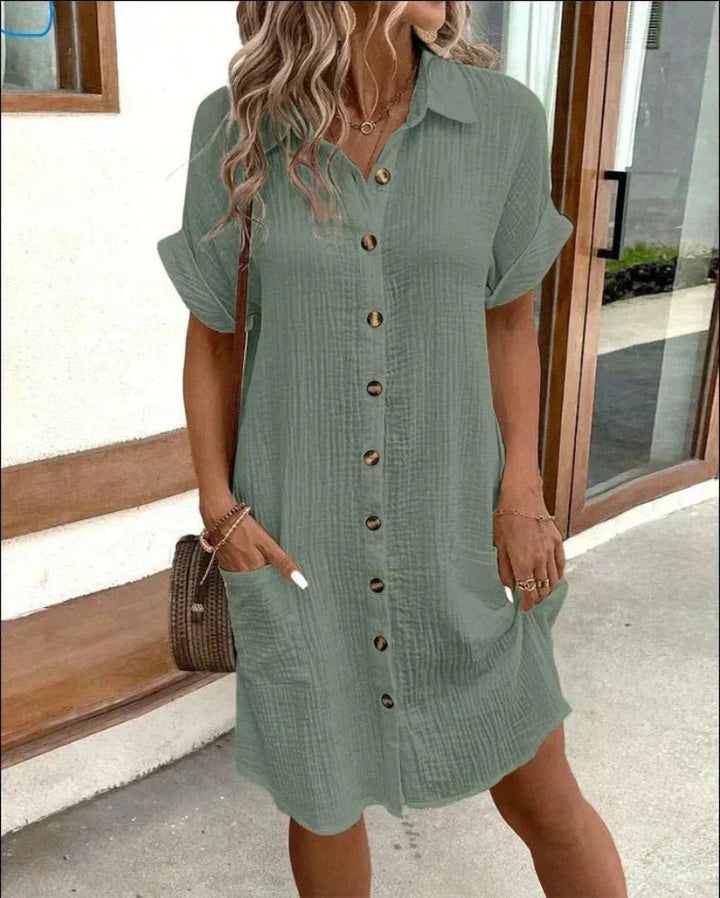 Women's Relaxed-Fit Cotton Linen Button-Down Shirt Dress Pockets - Green