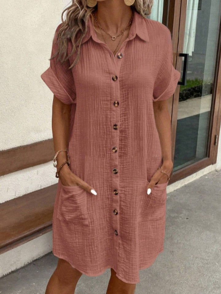 Women's Relaxed-Fit Cotton Linen Button-Down Shirt Dress Pockets - Red