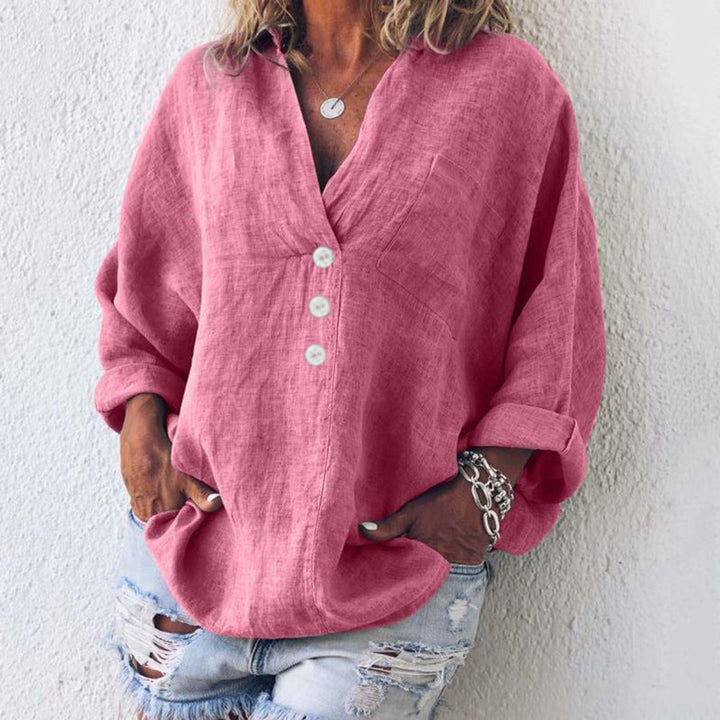 Women's Relaxed-Fit Cotton Linen Button-Up Sweater Shirt - Pink